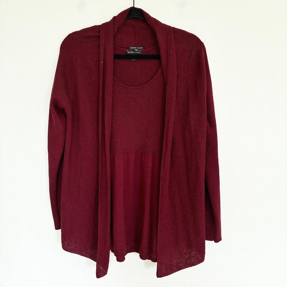 Eileen Fisher Cardigan Tank Set Womens M Burgundy 100% Wool Knit 2 Piece Twinset